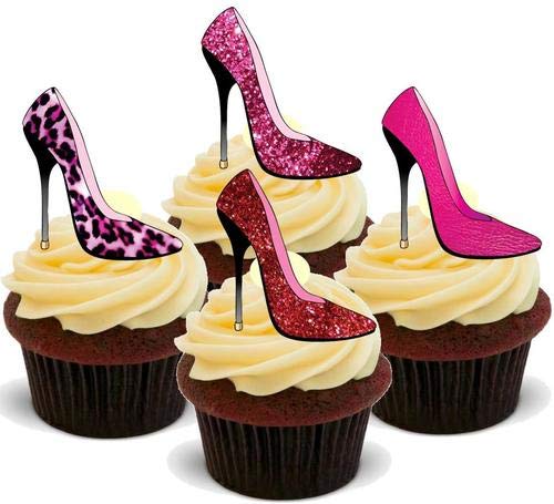 Damen Schuhe Multi Sparly Mix - 12 essbare hochwertige stehende Waffeln Karte Kuchen Toppers Dekorationen, Ladies Shoes Pink Sparly Mix - 12 Edible Stand Up Premium Wafer Card Cake Toppers Decorations von Just Party Supplies