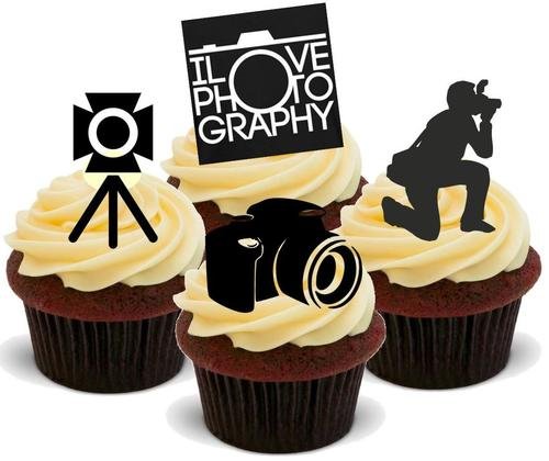 Fotografie männlich Mix - 12 essbare hochwertige stehende Waffeln Karte Kuchen Toppers Dekorationen, Photography Male Mix - 12 Edible Stand Up Premium Wafer Card Cake Toppers Decorations von Just Party Supplies