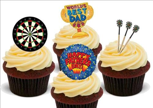 Happy Väter Tag Dart Mix - 12 essbare hochwertige stehende Waffeln Karte Kuchen Toppers Dekorationen, Happy Fathers Day Darts Mix - 12 Edible Stand Up Premium Wafer Card Cake Toppers Decorations von Just Party Supplies