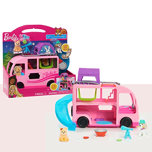 Barbie Pets Wohnmobil-Spielset, Zwei Haustierfiguren, 3,8 cm groß, 11-teilig, Spielzeugfiguren und Spielset, Kinderspielzeug ab 3 Jahre von Just Play von Just Play