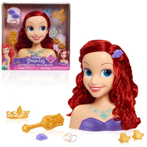 Just Play Disney Princess Frisierkopf Arielle, rotes Haar, 10-teiliges Spielset, Die Meerjungfrau, Kinderspielzeug ab 3 Jahren von Just Play