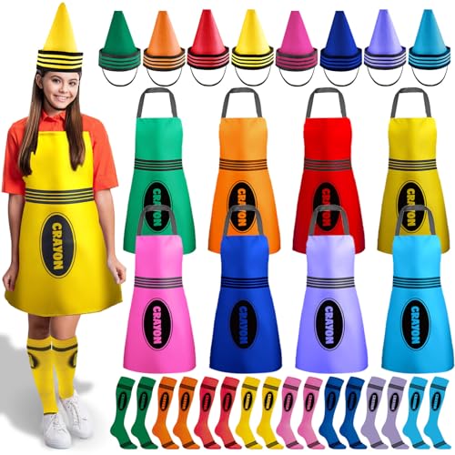 24-teiliges Buntstift-Kostüm, farbige Buntstifte, Schürze, lustige Zwergenkegel, Hüte und Oberschenkelhohe Socken, Buntstifte, Kostüm-Set für Erwachsene, Herren, Damen, Familie, lustiges Outfit von Justforjoyful