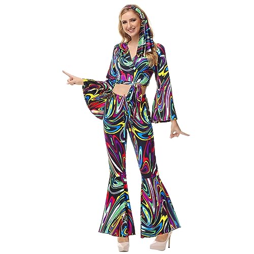 70er Jahre Bekleidung Damen 80er Outfit Disco Party 80 er 90er 70s Kleidung Hippie Kostüme Halloween Faschingskostüme Karneval Schwarz L von Jutrisujo