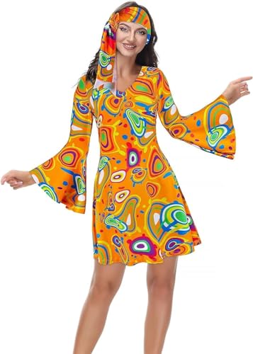 70er Jahre Bekleidung Damen 80er Outfit Disco Party Kleid 80 er 90er 70s Kleidung Hippie Kostüme Halloween Faschingskostüme Karneval Orange 3XL von Jutrisujo