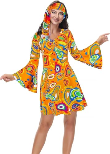 70er Jahre Bekleidung Damen 80er Outfit Disco Party Kleid 80 er 90er 70s Kleidung Hippie Kostüme Halloween Faschingskostüme Karneval Orange XL von Jutrisujo