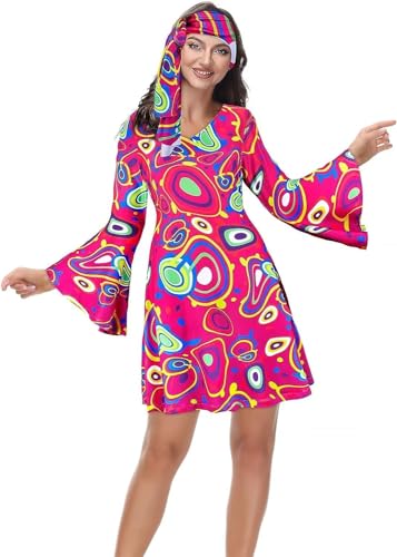 70er Jahre Bekleidung Damen 80er Outfit Disco Party Kleid 80 er 90er 70s Kleidung Hippie Kostüme Halloween Faschingskostüme Karneval RÖsenrot 3XL von Jutrisujo