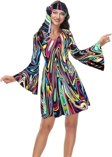 80er Jahre Outfit Damen Party Kleid Bekleidung Kleidung Hippie Kostüme Disco 70s 70er 90er Top und Schlaghose Halloween Faschingskostüme Karneval Costume Schwarz 3XL von Jutrisujo