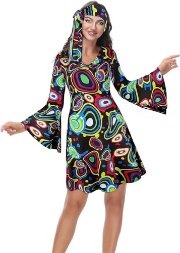80er Jahre Outfit Damen Party Kleid Bekleidung Kleidung Hippie Kostüme Disco 70s 70er Karneval Fancy Dress Halloween Costume Schwarz 2XL von Jutrisujo