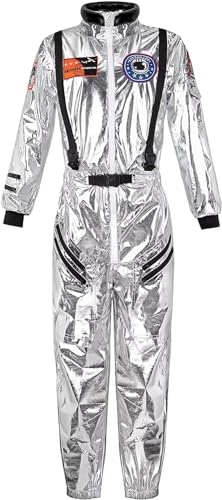 Astronaut Kostüm Damen ErwacÖsene Astronauten Weltraum Weltall Raumfahrer Anzug Spaceman Overall Outfit Halloween Space Jumpsuit Silber 2XL von Jutrisujo
