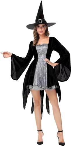 Jutrisujo hexenkostüm damen kostüm erwachsene mit Hut hexe Hexenkleid hexenhut Fasching faschingskostüme halloween Cosplay Silber M von Jutrisujo