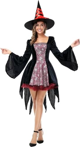 Jutrisujo hexenkostüm damen kostüm erwachsene mit Hut hexe Hexenkleid hexenhut Fasching faschingskostüme halloween Cosplay Weinrot XL von Jutrisujo