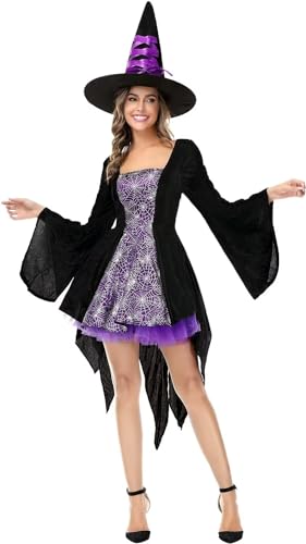 Jutrisujo hexenkostüm damen kostüm erwachsene mit Hut hexe Hexenkleid hexenhut Fasching faschingskostüme halloween Cosplay lila 2XL von Jutrisujo