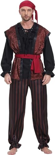 Jutrisujo piraten kostüm herren piratenkostüm kopftuch oberteil hose gürtel weste wikinger karneval halloween Cosplay braun XL von Jutrisujo