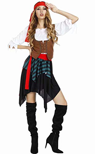 Jutrisujo piraten kostüm pirat damen piratenkostüm frauen sexy wikinger karneval halloween kopftuch oberteil röcke gürtel weste Grün XS von Jutrisujo