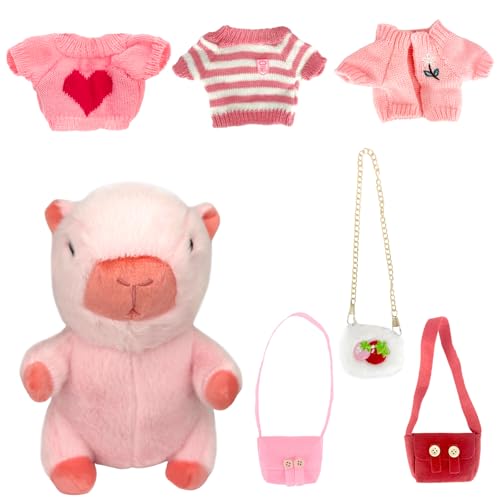 Juvanovo Capybara Kuscheltier, 23cm Capybara Plüschtier, Niedlichen Wasserschwein Kuscheltier mit Kleidung & Tasche, Capybara Stofftier, Spielzeug für Kinder Mädchen Jungen (Rosa) von Juvanovo