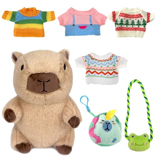 Juvanovo Capybara Kuscheltier, 25cm Braun Capybara Plüschtier, Niedlichen Wasserschwein Kuscheltier mit Kleidung & Tasche, Capybara Stofftier, Spielzeug für Kinder Mädchen Jungen von Juvanovo