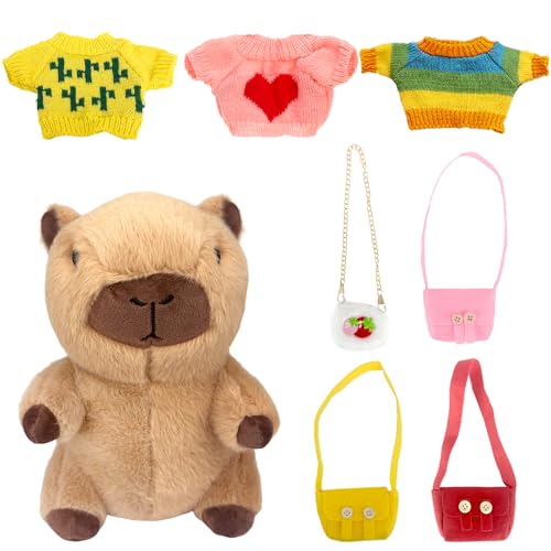 Juvanovo Capybara Kuscheltier, 25cm Capybara Plüschtier, Niedlichen Wasserschwein Kuscheltier mit Kleidung & Tasche, Capybara Stofftier, Spielzeug für Kinder Mädchen Jungen (Braun) von Juvanovo