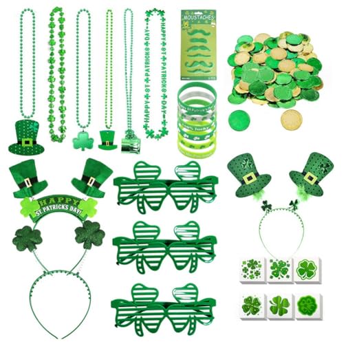 Juwaacoo 1 Set Grün St. Patricks Day Dekorationen mit Grünen Brillen, Halsketten, Stirnband, Armbändern, Münzen, Tattoos und Stickern für St. Patricks Day von Juwaacoo