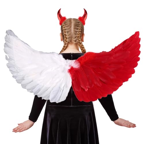 Engelsflügel Weiß Rot Teufelsohren,60cm Teufels Flügel Helloween,Halloween Flügel Weiße,rot Engel Kostüm Damen,Weiße Flügel Engel Erwachsene,Rot Engel Kostüm Mädchen,Teufel Kostüm Damen von Juxtaposia