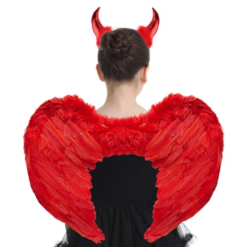 Halloween Flügel Rot,45CM Engelsflügel Rot mit Teufel Horn Rot,Teufels Flügel Helloween,Federflügel Engel,rot Engel Kostüm Damen,Engelsflügel Rot,Rot Engel Kostüm Mädchen von Juxtaposia