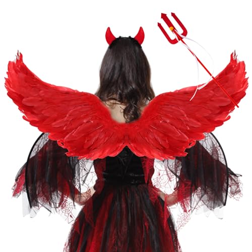 Halloween Flügel Rot,60CM Engelsflügel Rot mit Teufel Horn Rot,Teufels Flügel Helloween,Federflügel Engel,rot Engel Kostüm Damen,Engelsflügel Rot,Rot Engel Kostüm Mädchen von Juxtaposia