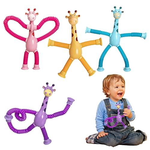 Sensorisches Spielzeug Pop Tube | Giraffe Pop Tubes Fidget Toys | Niedliches Teleskop Giraffen Spielzeug mit Saugnapf | Animal Pop Fidget Tube Badespielzeug Lernspielzeug Set Geschenke für Kinder von Juzinqu