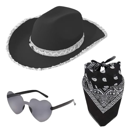 Cowgirl Hüte Damen Bling Jazz Hut mit Brille & Kopftuch 3 Teilig Kostüm Accessoires für Mottoparty Karneval Western Dress Up Party Outfit Cowgirl Look Cowgirl Hüte Damen Bling Jazz Hut mit Brille & Kopftuch 3 Teilig Kostüm Accessoires für Mottoparty Karneval Western Dress Up Party Outfit Cowgirl Look von Jvjggag