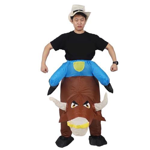 Jwthee Aufblasbares Bullenkostüm für Erwachsene Rodeo Rider Cosplay -Kostüm mit Gebläse, Bullenreiter BLEUS -Anzug aufblasbare Fahrerkostüme Einer Größe für Themenpartys und Halloween von Jwthee