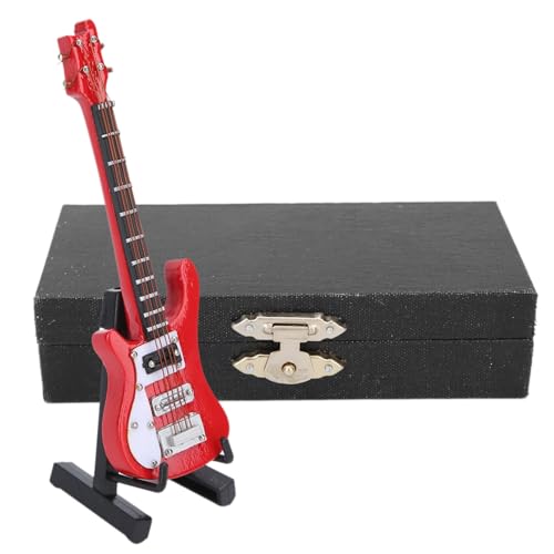 Mini-E-Bass-Gitarren-Modell, Miniatur-E-Gitarre aus Holz mit Ständer, Musik-Ornament, Miniatur-Puppenhaus-Modell, Simulation Bass-Modell, Musikinstrument-Ornamente (Rot) von Jwthee