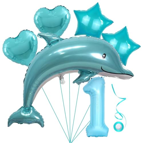 Delfin Blau Junge Folienballon 1.Geburtstag Junge Blau Delfin Luftballon Set XL Zahlen Ballon Zahl 1 Folienballon Meerestier Luftballons Numbers 1 Foil Balloon 1 Jahre Junge Sternfolie Luftballon von Jxuzh