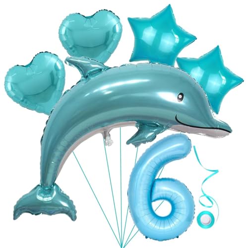Delfin Blau Junge Folienballon 6.Geburtstag Junge Blau Delfin Luftballon Set XL Zahlen Ballon Zahl 6 Folienballon Meerestier Luftballons Numbers 6 Foil Balloon 6 Jahre Junge Sternfolie Luftballon von Jxuzh