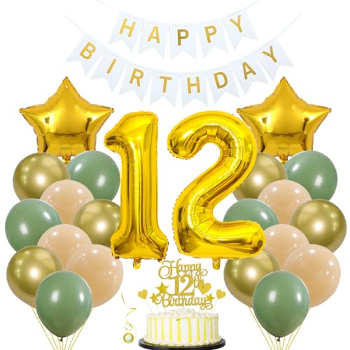 Geburtstagsdeko Grün Gold 12. Geburtstag - Luftballon Girlande Avocado Grün für Mädchen Junge - Deko Set Mit Luftballons von Jxuzh