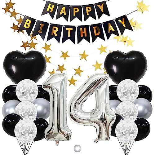 Jxuzh 14. Geburtstagsdeko Luftballons Jungen Mädchen Schwarze Silber,14 Jahre Geburtstagsdeko,XXL Riesenzahl 14 Folienballon,14. Happy Birthday Girlande Luftballons geburtstag junge deko 24 Stück von Jxuzh