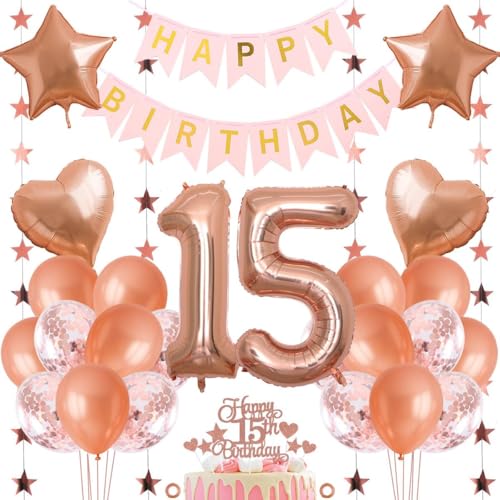 Jxuzh 15. Geburtstag Dekoration Mädchen Deko 15. Geburtstag Mädchen Luftballon 15. Geburtstag Rosegold Geburtstagsdeko 15 Rosegold Happy Birthday 15 Geburtstag Deko 15 Jahr Geburtstag Mädchen 33pcs von Jxuzh