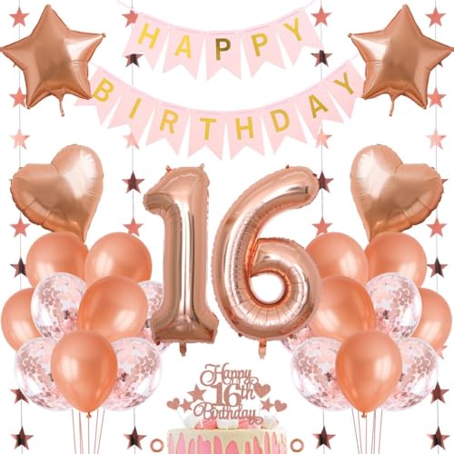 Jxuzh 16. Geburtstag Dekoration Mädchen Deko 16. Geburtstag Mädchen Luftballon 16. Geburtstag Rosegold Geburtstagsdeko 16 Rosegold Happy Birthday 16 Geburtstag Deko 16 Jahr Geburtstag Mädchen 33pcs von Jxuzh