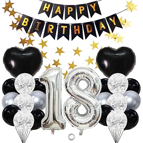 Jxuzh 18. Geburtstagsdeko Luftballons Jungen Mädchen Schwarze Silber,18 Jahre Geburtstagsdeko,XXL Riesenzahl 18 Folienballon,18. Happy Birthday Girlande Luftballons geburtstag junge deko 24 Stück von Jxuzh