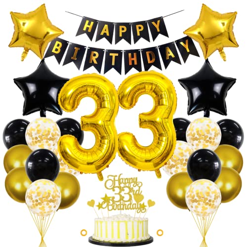 Jxuzh 33. Geburtstag Dekorationen Schwarz Gold - Deko für Männer und Frauen - Luftballons, Girlande, Kindergeburtstag Set - 33 Jahre Feier von Jxuzh