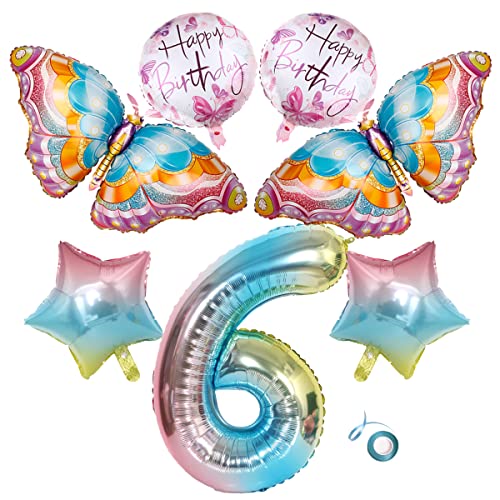 Jxuzh 7 Stück Großes Bunte Schmetterling Luftballon XL Zahl 6 Zahlen-Ballon rosa,Butterfly Folienballons Happy Birthday 6. Kinder-Geburtstag Junge Mädchen für Hochzeit, Geburtstag, Babyparty von Jxuzh