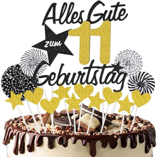 Jxuzh 15-stück Kuchen Topper Schwarz Gold für 11. Geburtstag, Kuchendeko, Metallisch, Black Gold von Jxuzh