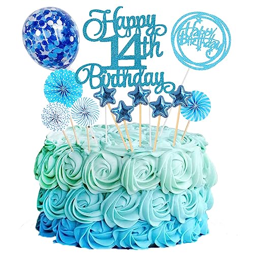 Jxuzh Tortendeko 14 Geburtstag Blau 14th Happy Birthday Cake Topper 14.geburtstagstorte Topper Kuchen Topper Blau Sternen Konfetti Luftballons Papierfächer Für Junge Mädchen Tortendeko Geburtstag von Jxuzh