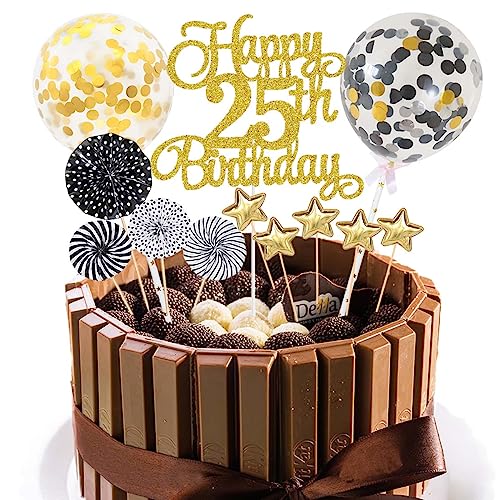 Jxuzh Tortendeko 25. Geburtstag Schwarz Gold - Happy Birthday Glitter Cake Topper für Junge Mädchen - Kuchendeko 25 Jahre von Jxuzh