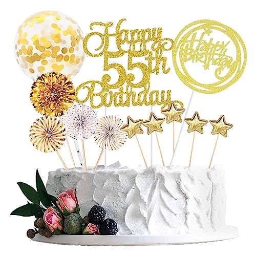 Jxuzh Tortendeko 55. Geburtstag Gold für Frau und Männer - Happy Birthday Glitter Cake Topper, Kuchendeko 55 Jahre, Happy 55th Birthday Deko von Jxuzh