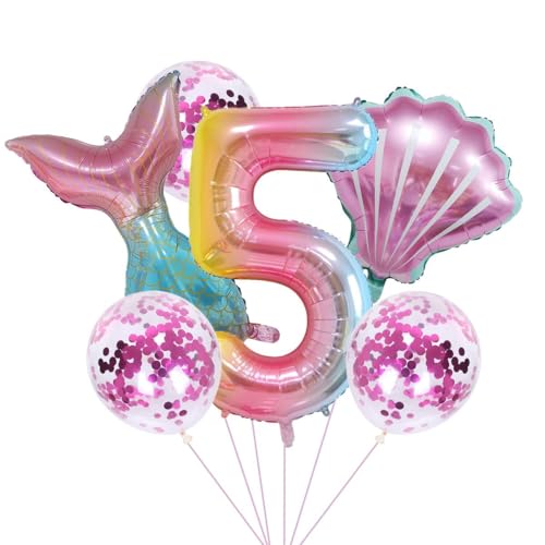 Meerjungfrau Geburtstag Party Dekoration Set 5 Jahre Mädchen Bunt Meerjungfrau Ballon 40" XXL Zahl 5 Zahlen Ballon 5. Kinder Geburtstag Mädchen FolienBallon LatexBallons meerjungfrau Ballon Deko von Jxuzh