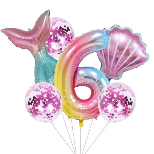 Meerjungfrau Geburtstag Party Dekoration Set 6 Jahre Mädchen - Bunt XXL Zahl 6 Ballon, FolienBallon, LatexBallons - Kinder Geburtstag Deko von Jxuzh
