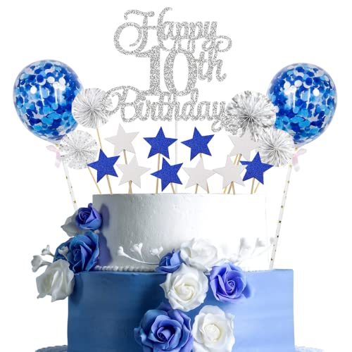 Tortendeko 10 Geburtstag Silber Blau Kuchen Cake Topper 10 Kuchendeko Geburtstag Happy 10 Birthday Kuchen Deko 10 Geburtstag Junge 10 Geburtstag Mädchen 10. Geburtstag Kuchen Deko (Silber Blau 10) von Jxuzh