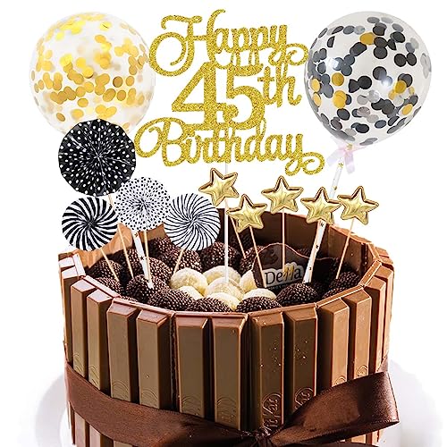 Tortendeko 45. Geburtstag Schwarz Gold - Cake Topper Happy Birthday - Kuchendeko für Männer und Frauen von Jxuzh