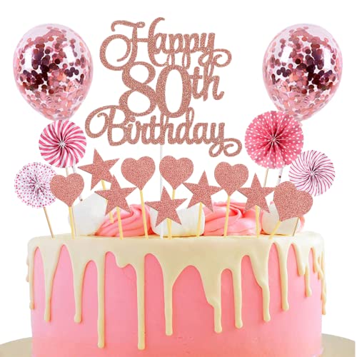 Tortendeko 80. Geburtstag Rosegold - Happy Birthday Glitter Cake Topper für Junge und Mädchen - Kuchendeko 80 Jahre von Jxuzh