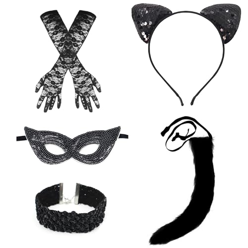 Jyinelx 5-teiliges Set mit Halloween-Spitzen-Katzenzubehör, einschließlich Katzenmaske, Katzenohren und Schwanz usw., geeignet für Karnevalspartys, Rollenspiele und ein super Blickfang von Jyinelx