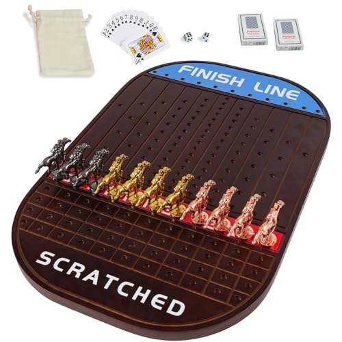 Jyquorp Pferderennen-Brettspiel, Rennspiel, verdicktes Massivholz mit 11 luxuriösen, langlebigen, klassischen Metallpferden mit 4 Würfeln und 2 Kartenkartons, Pferderennspiel (klein, rund, Walnuss) von Jyquorp