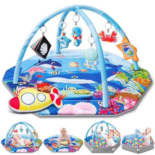 Baby Gym Spielmatte, 8-in-1 Ozean-Thema, Bauchzeitmatte & Bällebad, Waschbare Baby-Aktivitätsspielmatte für visuelles Hören, sensorische, motorische Entwicklung, Babyspielzeug Geschenk für Baby Gym Spielmatte, 8-in-1 Ozean-Thema, Bauchzeitmatte & Bällebad, Waschbare Baby-Aktivitätsspielmatte für visuelles Hören, sensorische, motorische Entwicklung, Babyspielzeug Geschenk für von Jyusmile